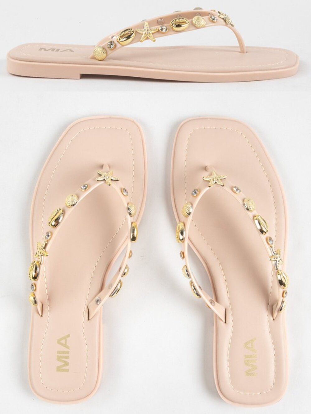 MIA Shell Jelly Flip Flops Nude with Gold Shell Details